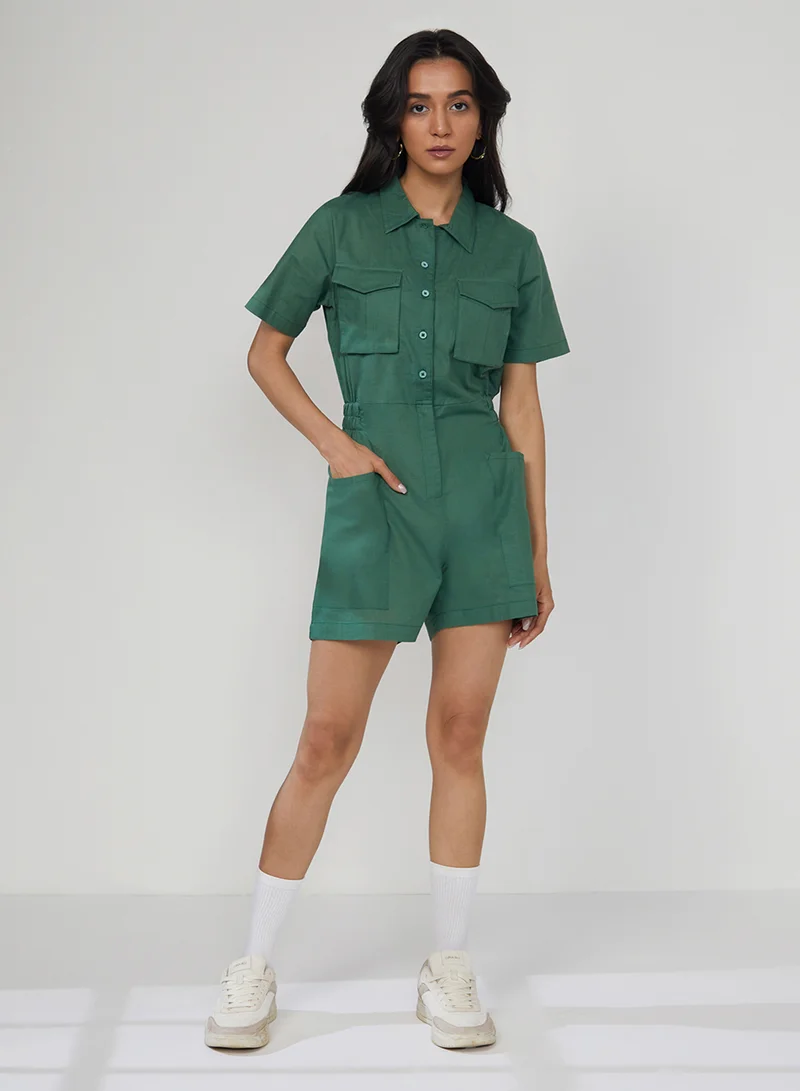 بينيا كولادا Women's Forest Green Solid Utility Playsuit For Casual Wear | Spread Collar | Short Sleeve | Button Closure | Playsuit Designed With Comfortable Fit For Woman & Girls